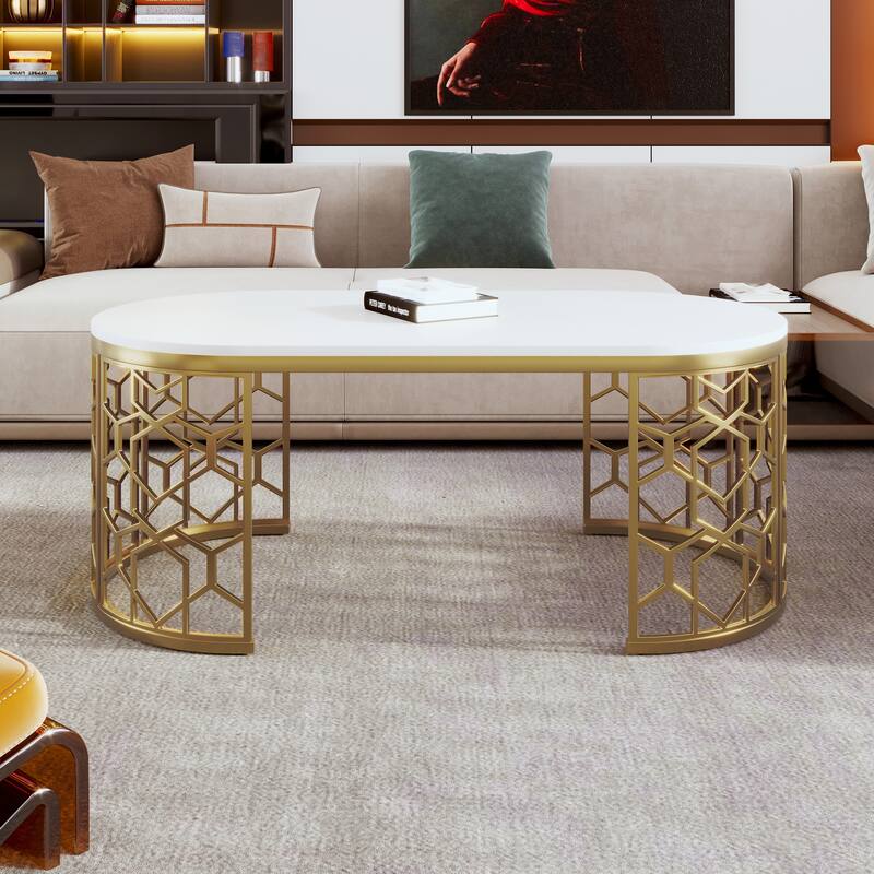 47.2" Modern Coffee Table with Cut-Out Pattern Metal Stainless Steel Frame - White+Gold