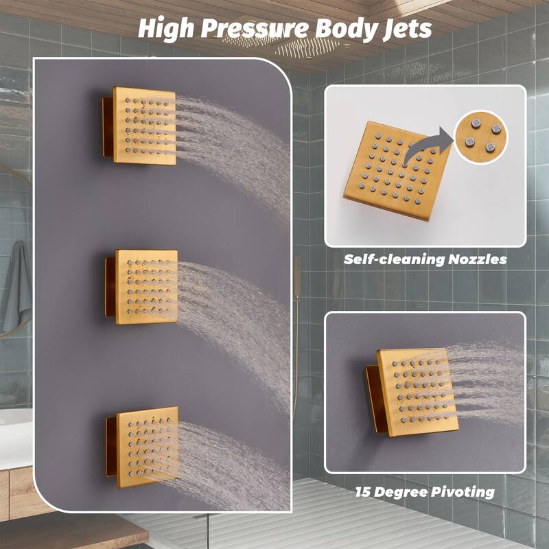 Luxury 5-Spray Patterns 28 in. Ceiling Mount Shower System with Handheld Shower Head, 3 Body Jets, LED, and Music - 16" x 28"