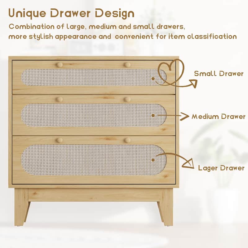 3 Drawer Wood Dresser with Rattan Accents, Modern Wood Storage Chest