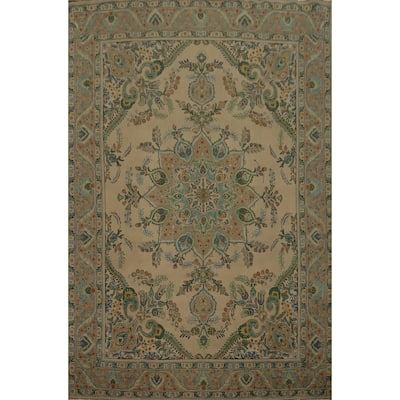 Hand Knotted Oriental 100% Wool Carpet Traditional Floral Beige & Ivories Tabriz Area Rug - 12' 7'' X 9' 6''