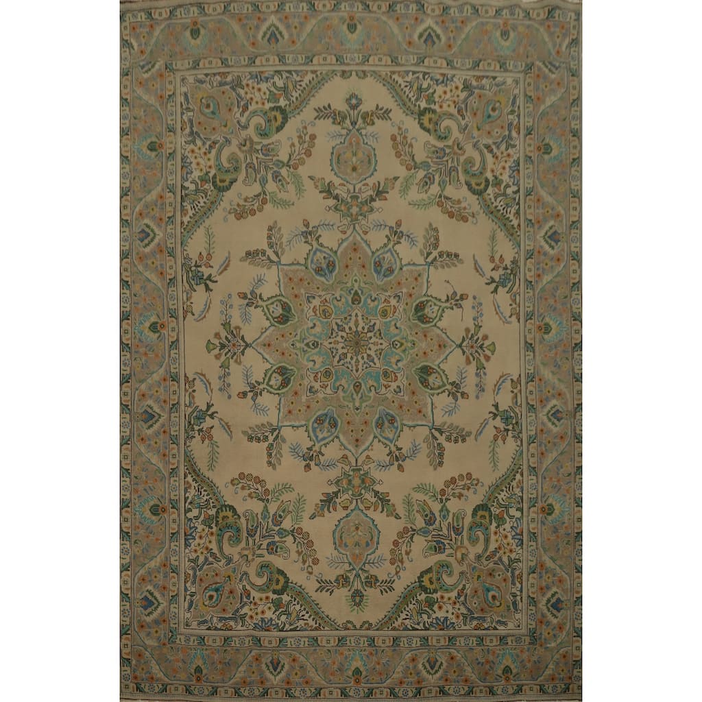 Hand Knotted Oriental 100% Wool Carpet Traditional Floral Beige & Ivories Tabriz Area Rug - 12' 7'' X 9' 6''