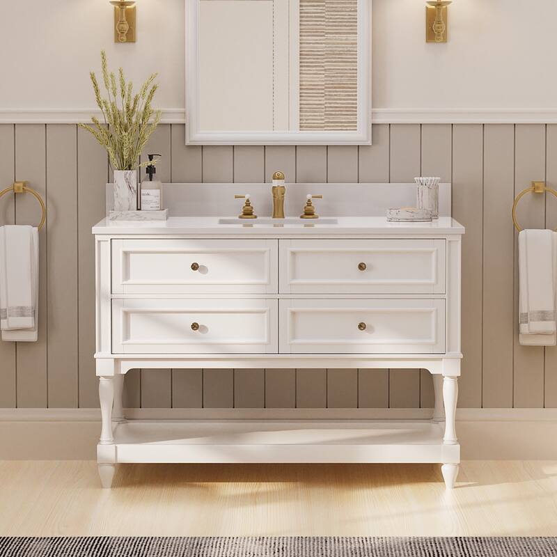 48-Inch Solid Wood Bathroom Vanity with Four Storage Drawers - Elegant and Durable Design - White