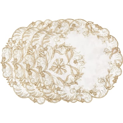 Violet Linen Glory Embroidered Lace Pattern, Set of 4, Decorative Place Mats