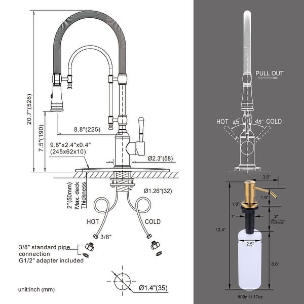 dimension image slide 6 of 12, WOWOW Single Handle Gooseneck Pull Down Sprayer Kitchen Faucet