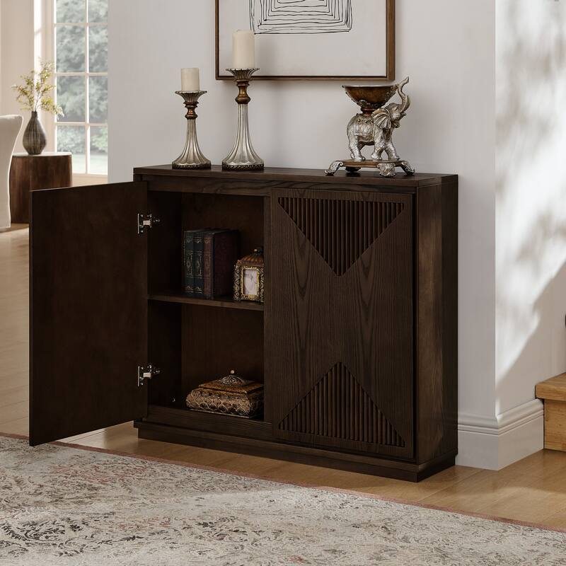 V-Shaped Fluted Storage Cabinet, Multi-Functional Narrow Side Cabinet, Wood Buffet Cabinet with 2 Doors & 2 Outlet Holes