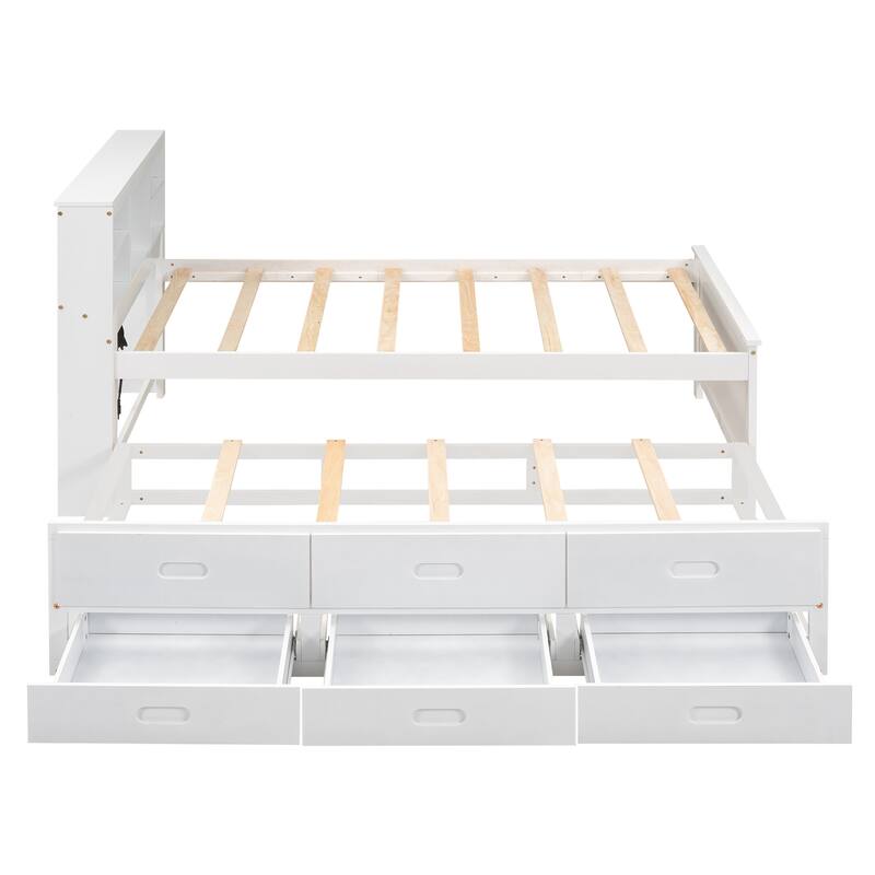 Twin Size Platform Bed with Storage Headboard and USB, Pull-out Trundle Bed and Drawers Storage Bed for Bedroom, Apartment