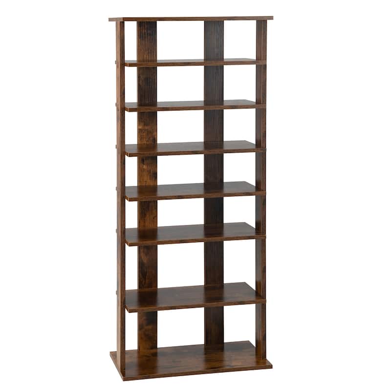 Costway Patented 7-Tier Double Rows Shoe Rack Vertical Wooden Shoe - See Details - Brown