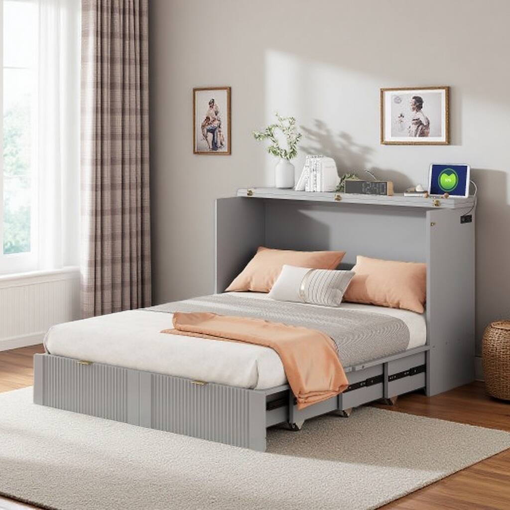 Space-Saving Queen Size Murphy Bed with Drawer, USB Ports, and Pulley Mechanism, Convertible Wall Bed with Flexible Slats