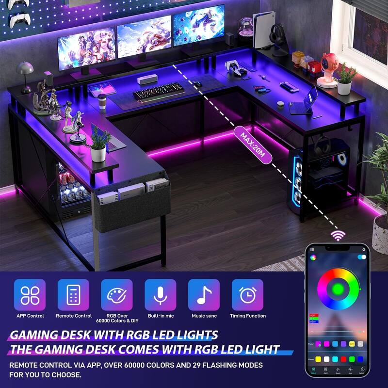 U Shaped Desk, 126 Inch Gaming Desk with Monitor Stand and LED Lights