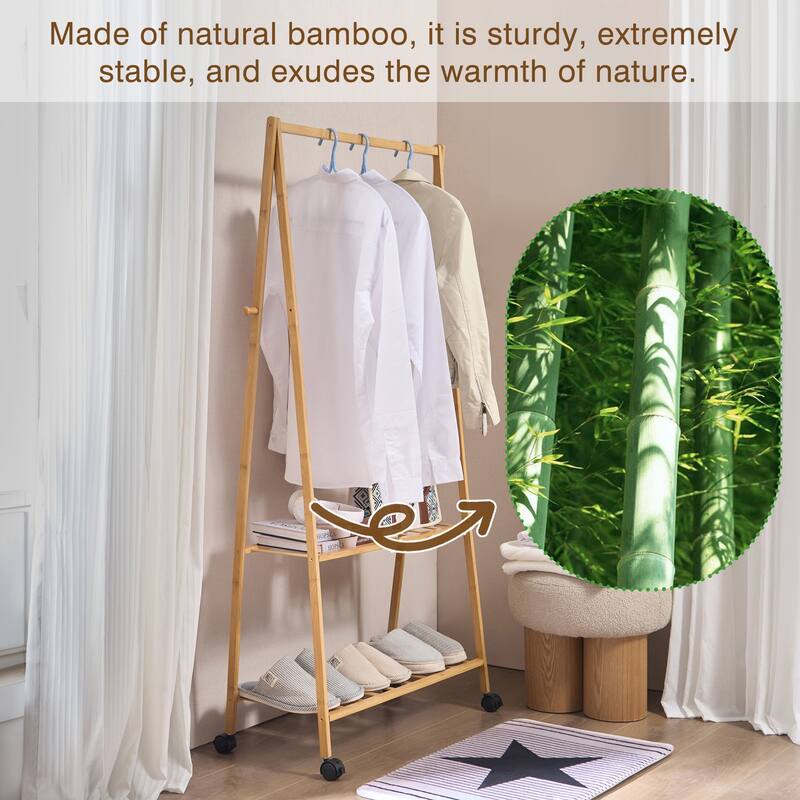 Javlergo 59/53 Inch Tall Bamboo Coat Rack with 2 Shelves 4 Wheels & Hooks Multi-Functional Freestanding Clothes Rack for Bedroom
