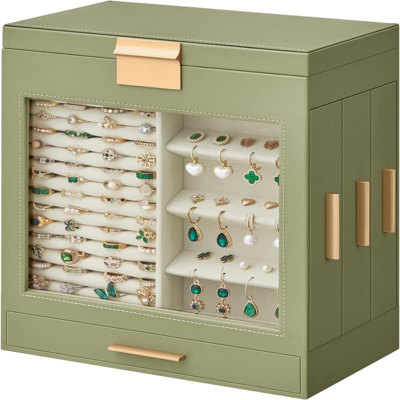 Jewelry Box with Glass Window - 6.1"D x 10.3"W x 12.6"H - Gold