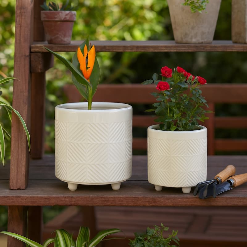 Ceramic Textured Footed Planters Set of 2 - 6" - 8" - White - 8.0"