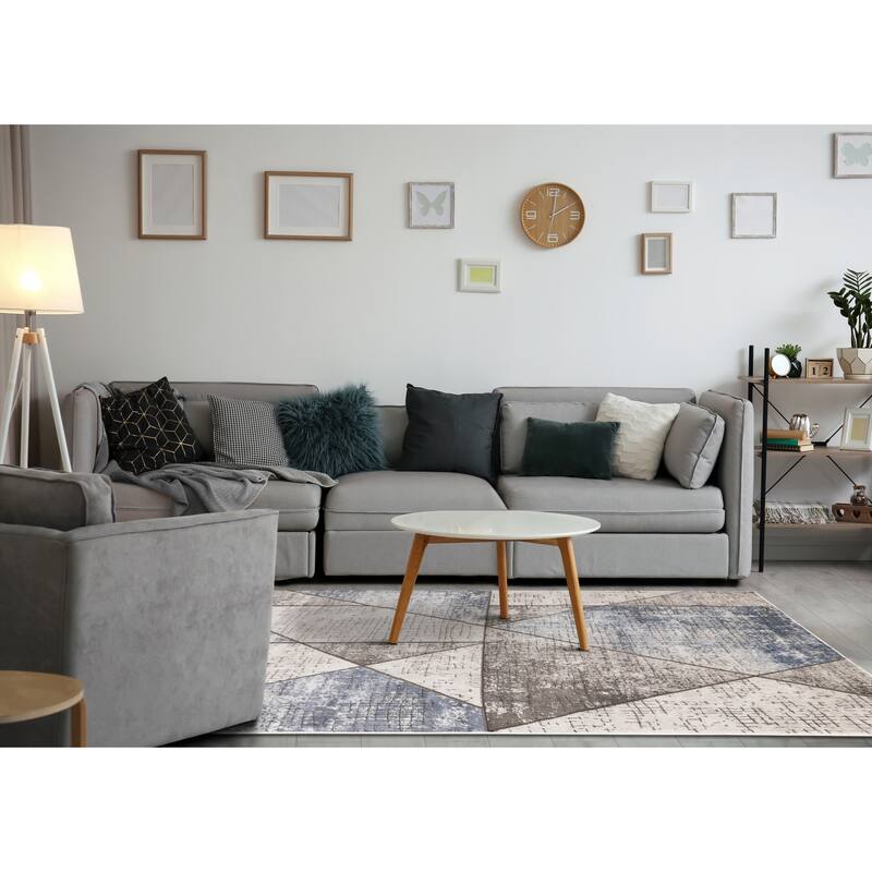 Denver Collection - Blue/Grey Crosshatched Triangles Rug