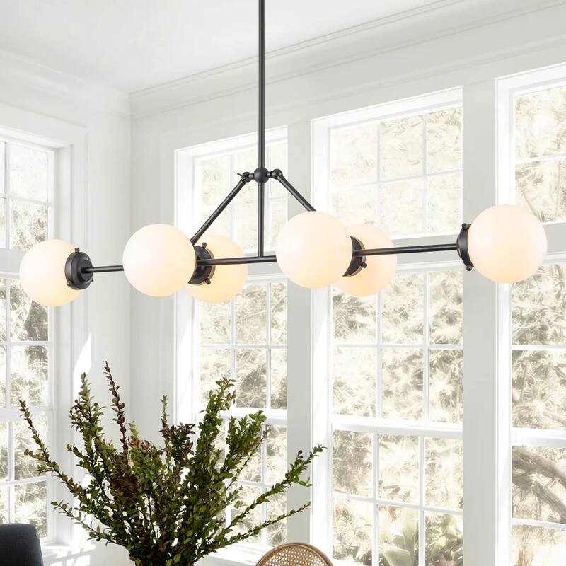 6-Light Dimmable Modern Metal & Glass Pendant Light with Adjustable Rods for Dining Room