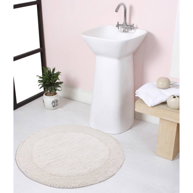 Double Ruffle Cotton Bathroom Rug, Water Absorbent Bath Rug, Non Slip Shower Rug Machine Washable 28" Round