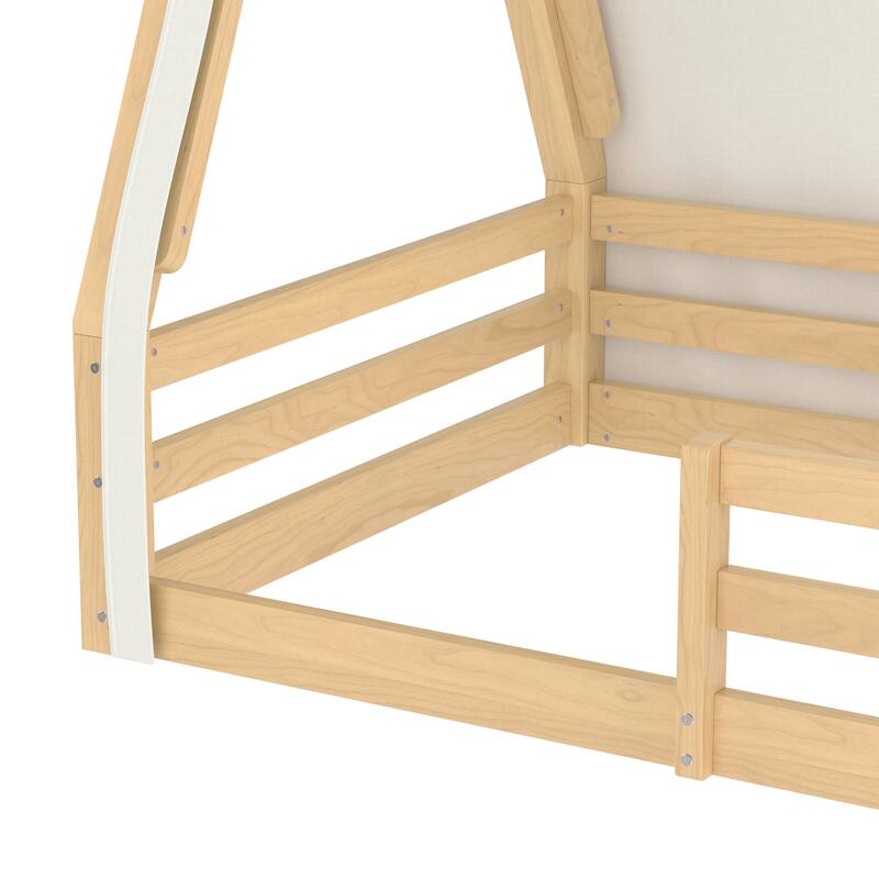 Roomfitters House Floor Bed with Tent and Lights, Solid Wood Teepee Frame with Guardrails