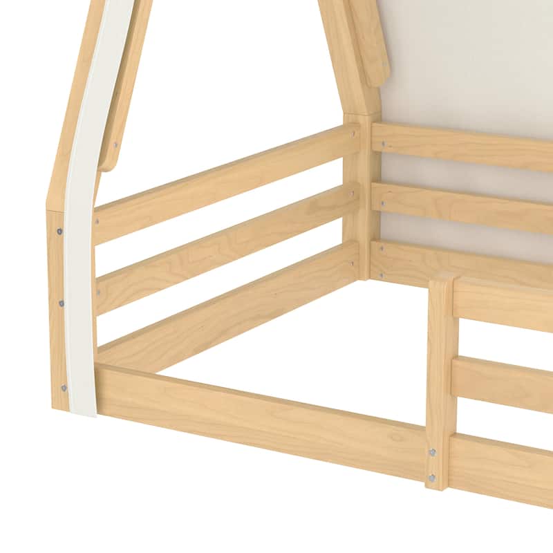 Teepee Montessori Bed for Toddlers, House-shaped Platform Bed Kids Playful Floor Bed with Tent, Sunroof and Light Strip