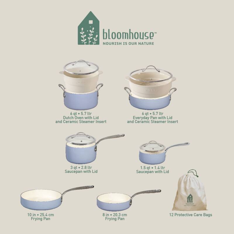 Bloomhouse 12 Piece Aluminum Enamel Cookware Set w/ Non-stick Non-toxic Ceramic Interior and Ceramic Steamer Insert
