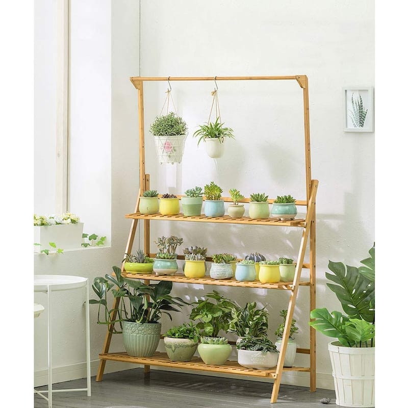 39.4" Large 3 Tier Plant Stand Hanging Rack Bamboo Ladder Foldable Flower Pots