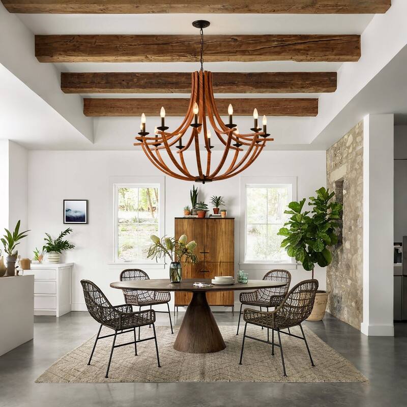 Vintage Farmhouse Chandelier Candle Style Wooden Chandelier Pendant Light Adjustable Height Rustic Hanging Light 