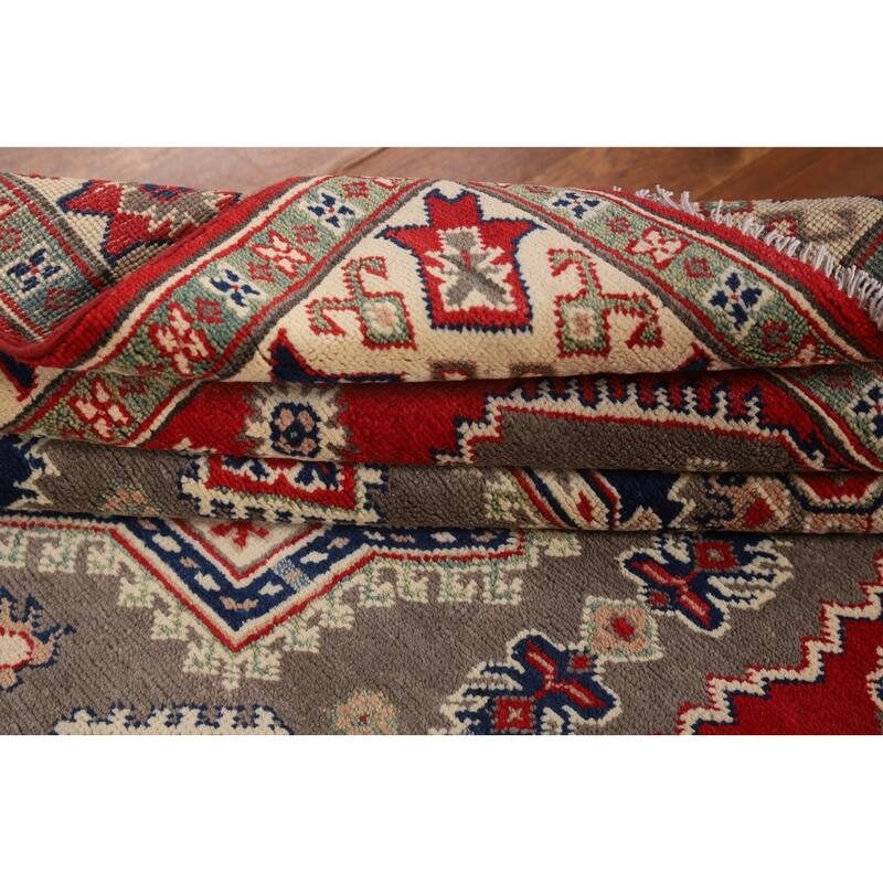 Geometric Kazak Oriental Area Rug Handmade Grey Wool Carpet - 5'0" x 6'6"