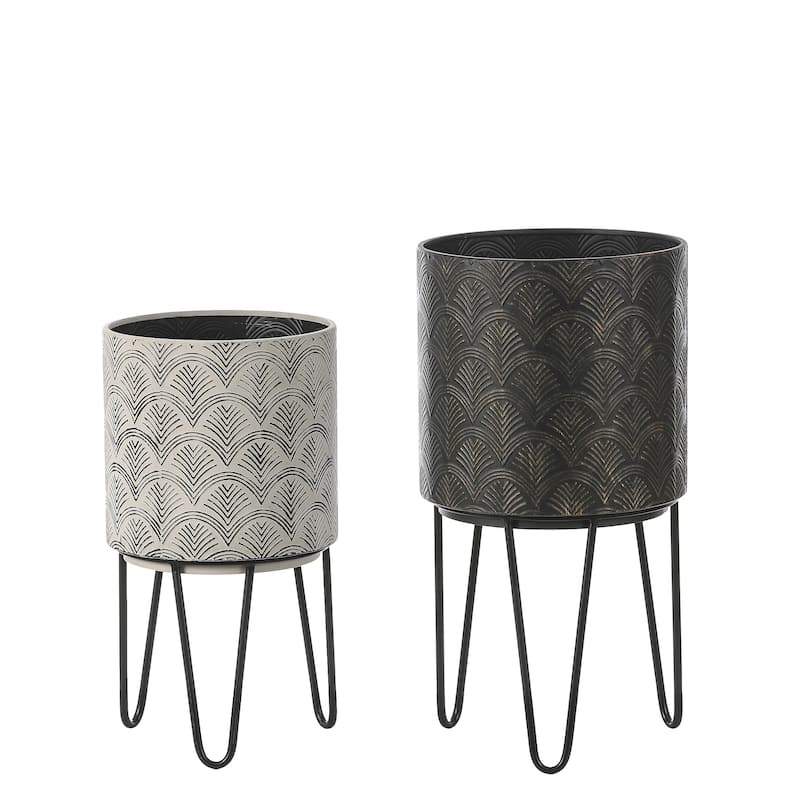 Fanned Black and Off White Metal Cachepot Planters with Black Metal Stand (Set of 2)