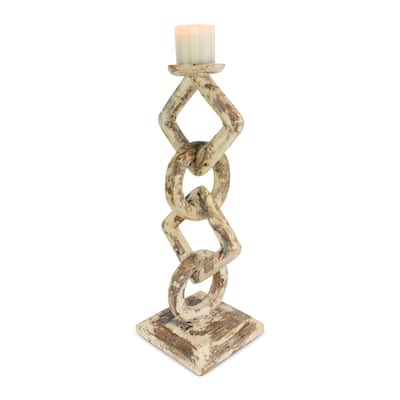 Wood Chain Link Candle Holder Hand Carved Rustic Whitewashed Candle Stand, Decorative Accent