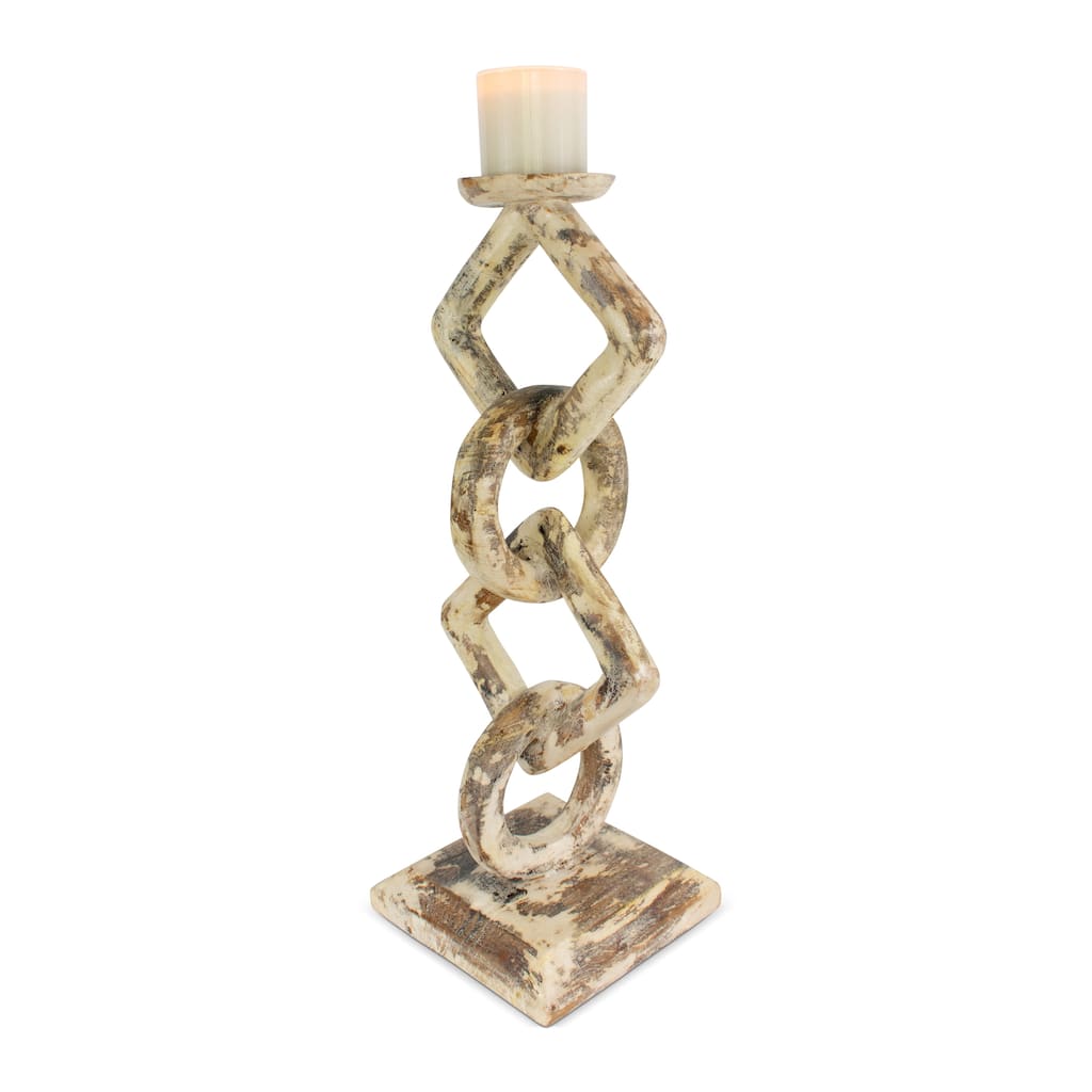 Wood Chain Link Candle Holder Hand Carved Rustic Whitewashed Candle Stand, Decorative Accent