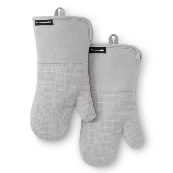 KITCHENAID Gourmet Series Gridlines Oven Mitts 2-Pack Set, Heat Resistant up to 600°F, Soft Silicone Grip, Magnetic Cuff - Matte Grey