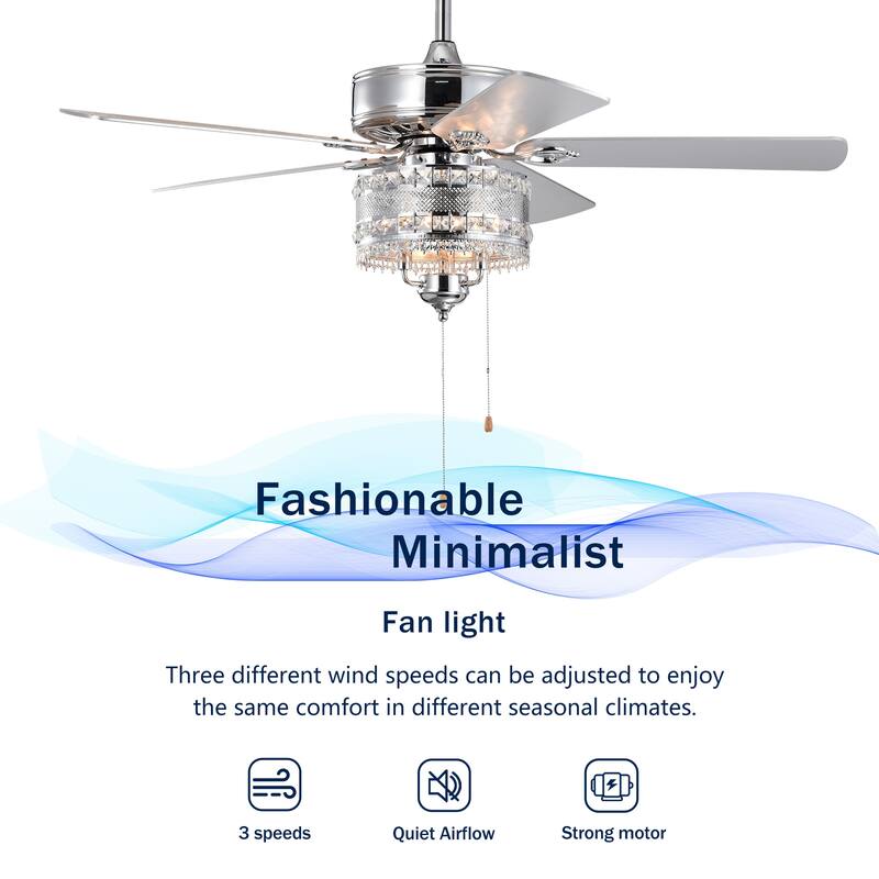 52'' Classical Crystal Ceiling Fan Lamp 5 Reversible Blades,Chrome(Hand Pull Chain)