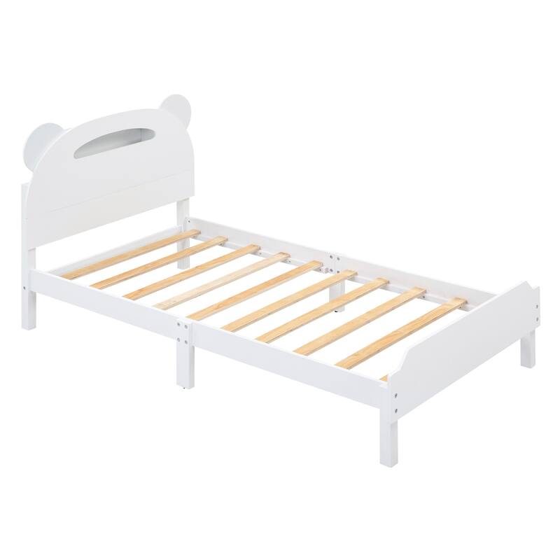 Twin Size Wood Platform Bed with Bearshaped Headboard,Bed with Motion