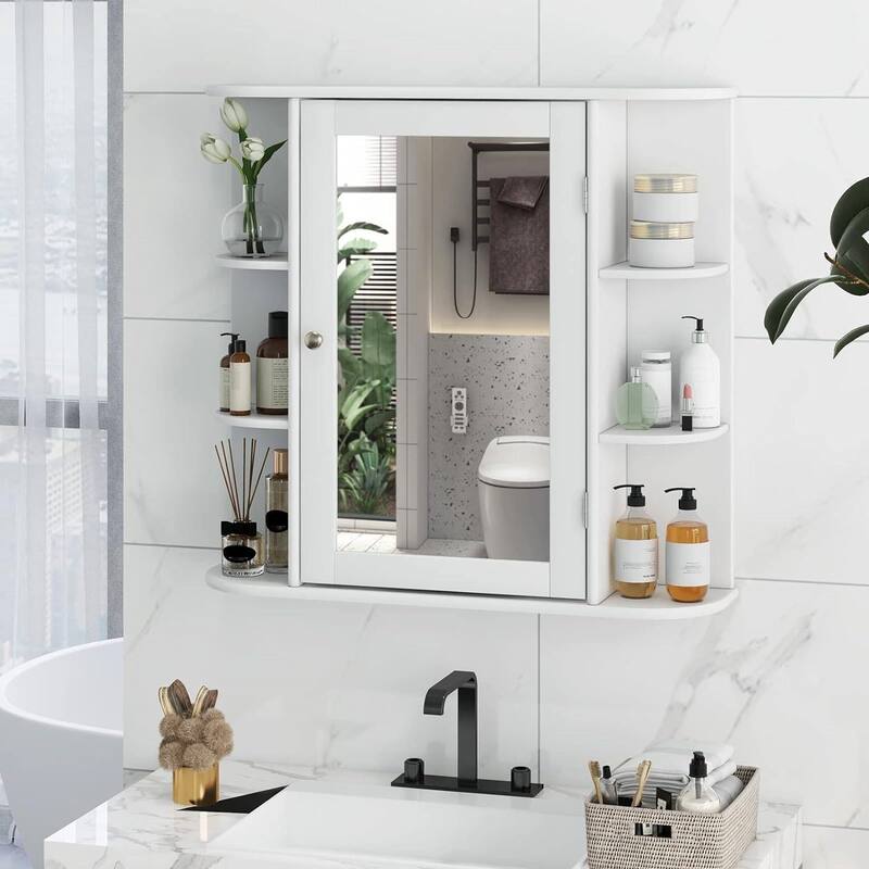 White Engineered Wood Wall Mount Bathroom Medicine Cabinet with 10 Shelves - 26" x 6.5" x 25" (L x W x H)
