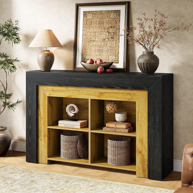 47-Inch Black & Brown 3-Tier MDF Entryway Table, Farmhouse Rectangle Sofa Table with Storage for Living Room