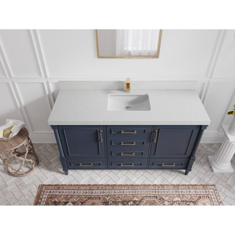 Willow Collections 60 in. W x 22 in. D Aberdeen Single Bowl Sink Bathroom Vanity with Countertop - 2" Carrara Quartz - Hale Navy Blue