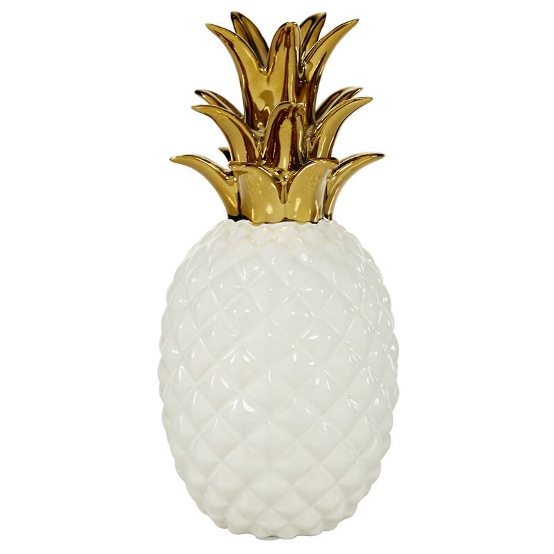 CosmoLiving by Cosmopolitan White Porcelain Ceramic Faceted Pineapple Fruit Decorative Sculpture with Gold Leaves