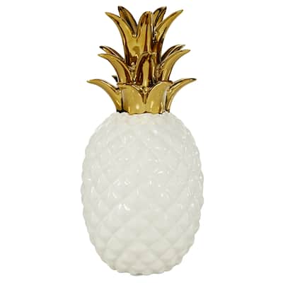 CosmoLiving by Cosmopolitan White Porcelain Ceramic Faceted Pineapple Fruit Decorative Sculpture with Gold Leaves