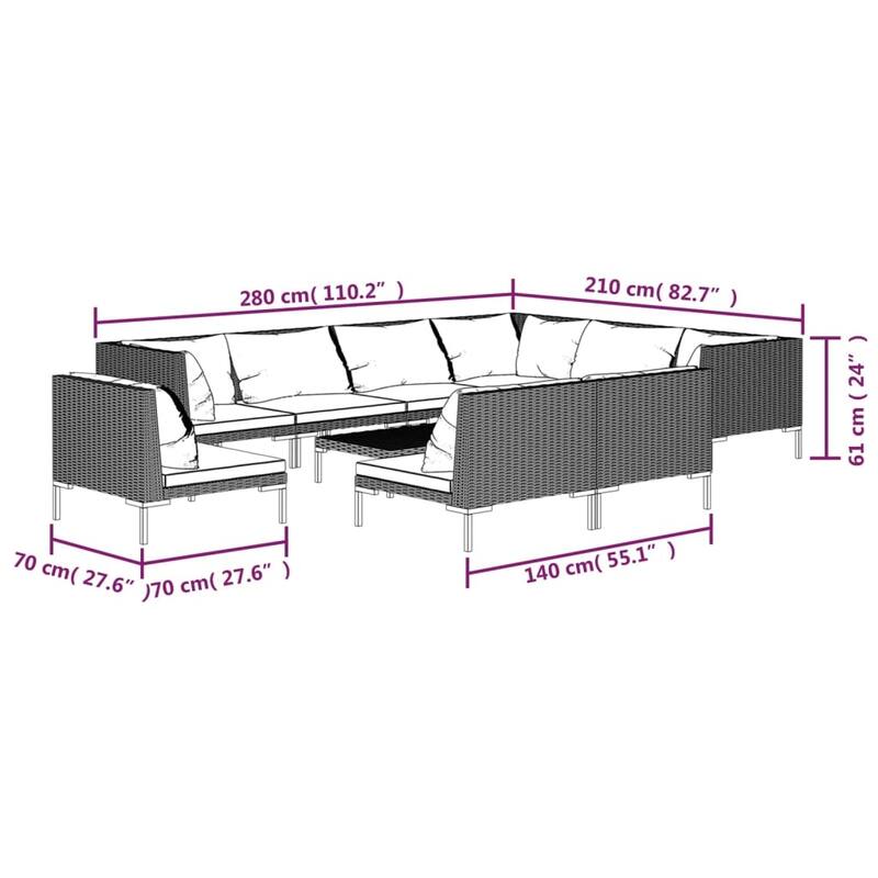 vidaXL Patio Lounge Set Outdoor Sectional Corner Sofa Poly Rattan Dark Grey - 27.6" x 27.6" x 24"