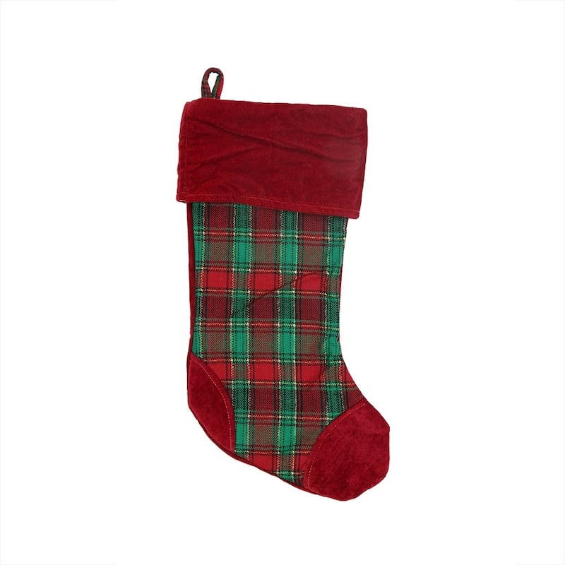 19" Christmas Traditions Woven Plaid and Velvet Stocking - Solid Red