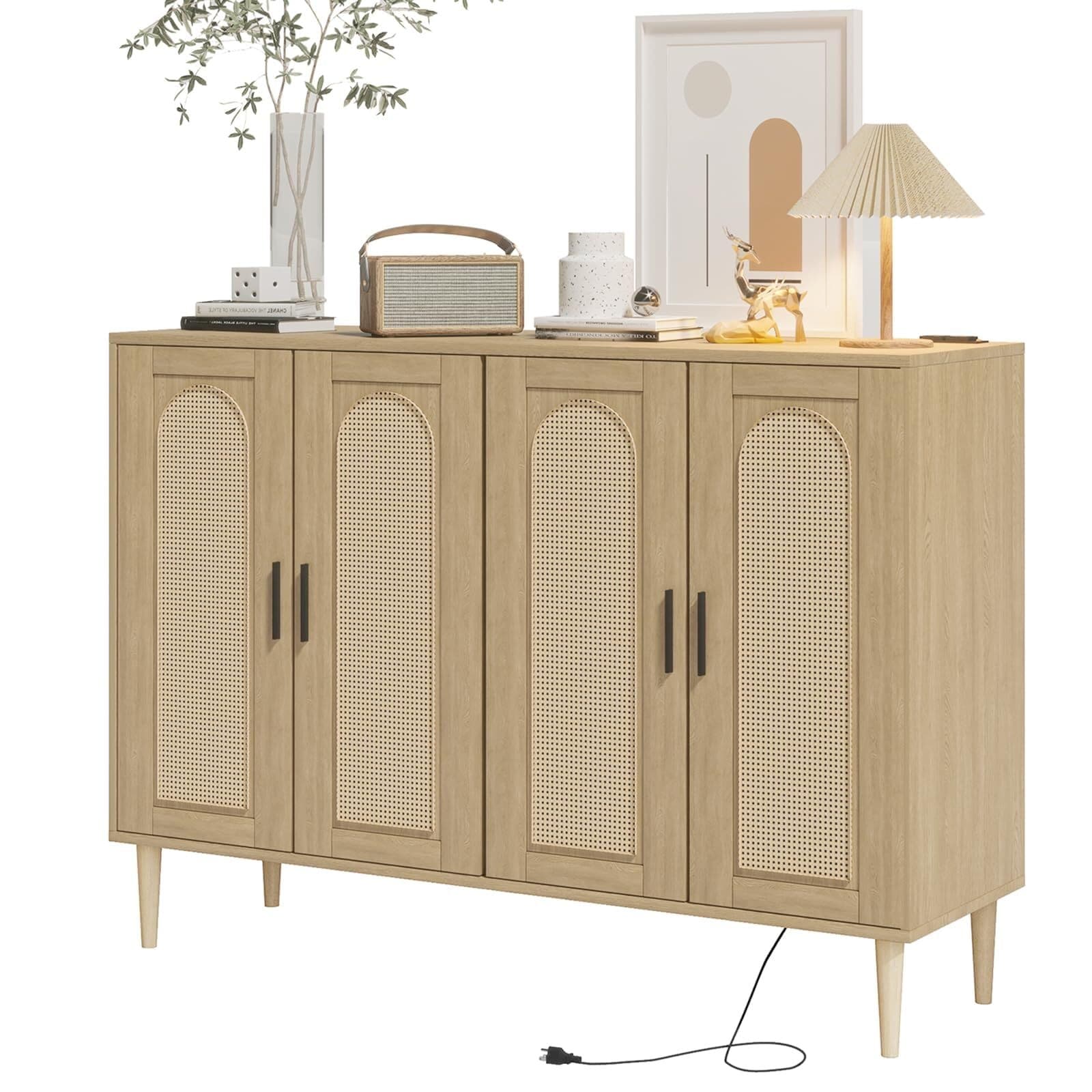 Rattan Buffet Cabinet with Storage, 4-Door Sideboard with Power Outlet & Adjustable Shelves