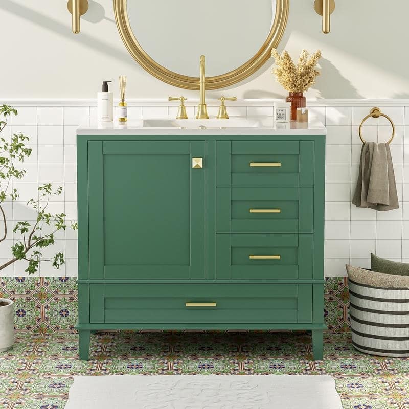 MEDUNJESS 36'' Bathroom Vanity Set with Ceramic Sink, Bathroom Storage Cabinet - Green