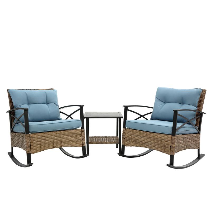 3 Piece Rocking Rattan Set, Leisure Chair Outdoor Rattan Rocking Chair Set, Grey