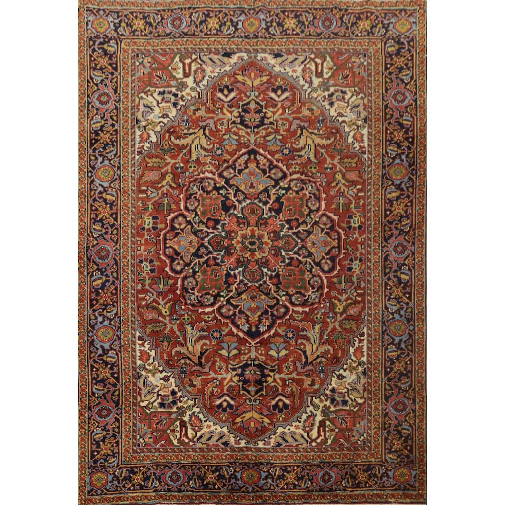 Hand Knotted Oriental 100% Wool Carpet Traditional Floral Oranges & Rust Heriz Area Rug - 8' 6'' X 6' 5''