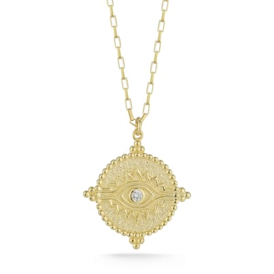 Soleil Sterling Silver Cubic Zirconia Etched Evil Eye Medallion Necklace
