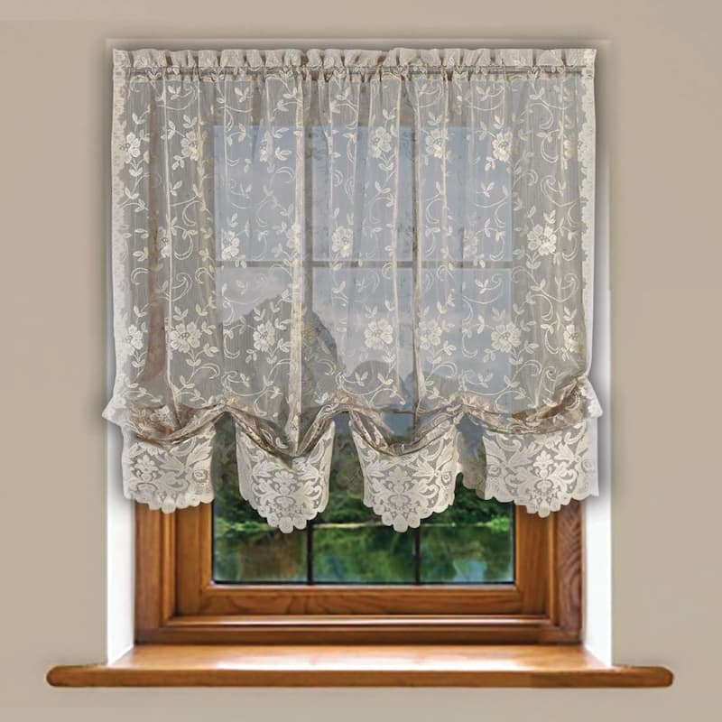 Grace Floral Lace Window Curtain Panels Or Valance - 64 Inches - Khaki