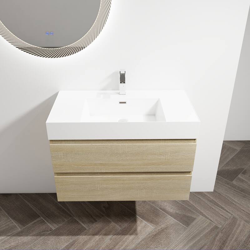 24/30/36 Single Sink Wall-Mounted Bathroom Vanity with Integrated Thick Edge Resin Sink
