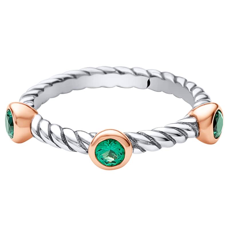 Sterling Silver Simulated Emerald 3-Stone Cable Rope Stackable Ring