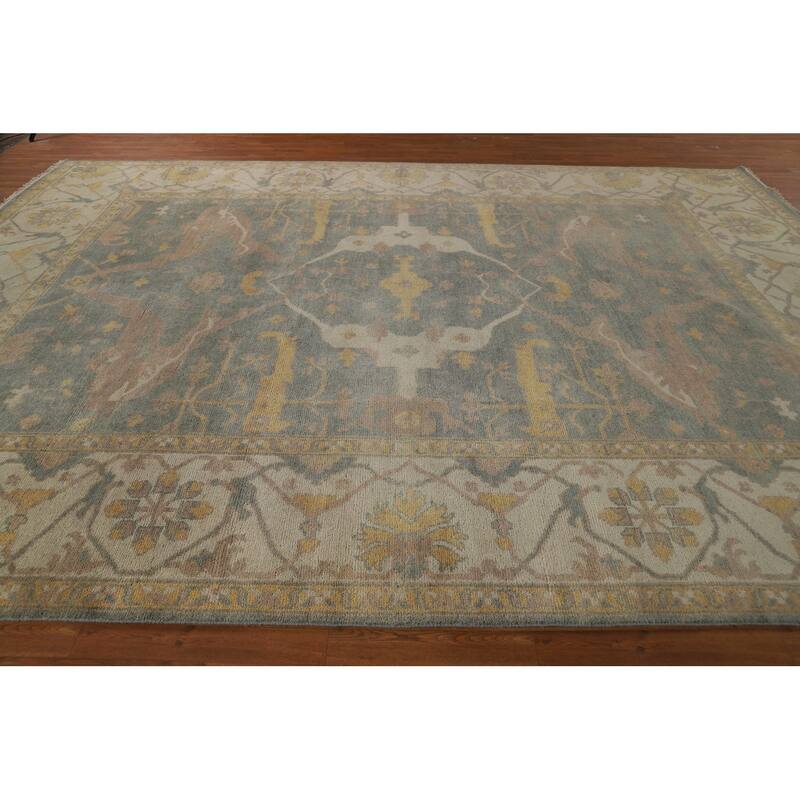 Oushak Indian Area Rug Hand-Knotted Transitional Green Wool Carpet - 9'11"x 13'8"