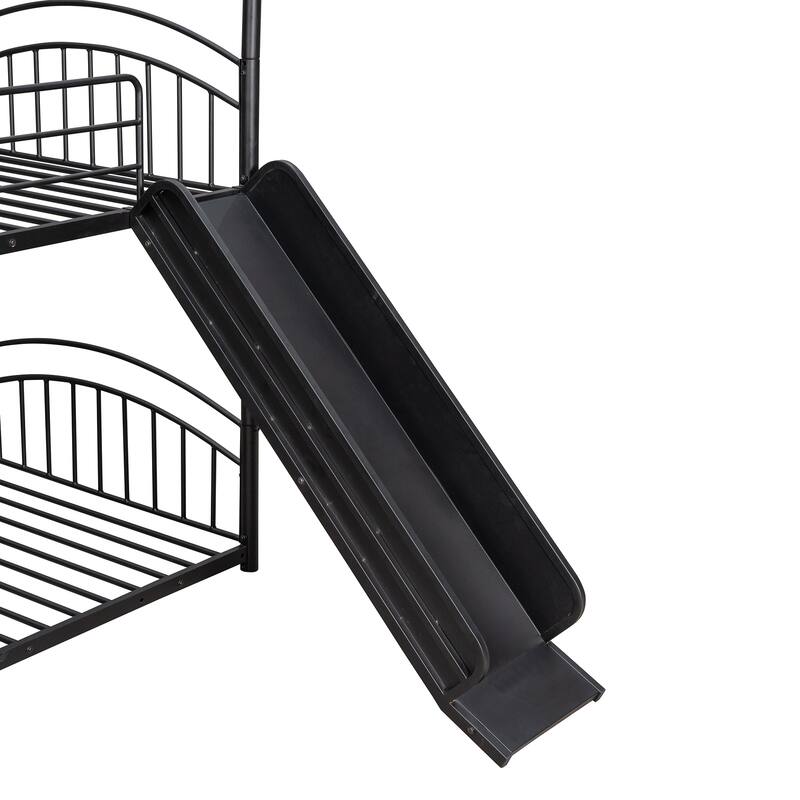 Black Twin over Twin Metal Bunk Bed with Slide, Roof, Fence, and Ladder