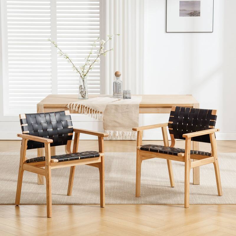 Woven Leather Dining Chairs with Solid Wood Frame - 29.7"H x 21.7"W x 22.8"D