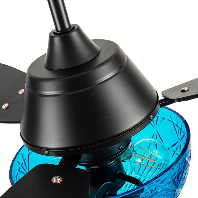 Maisie River of Goods 3-blade 42-inch Modern Indoor Ceiling Fan with Blue Hand-Cut Glass Globe Shade and Remote Control